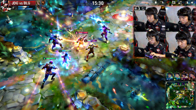 英雄联盟比赛直播画面 - 显示游戏内团战场景与选手摄像头